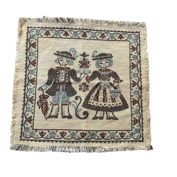 Scandinavian Children Vintage Tapestry w/ Blue & Cream Linen & Cotton Blend 13” - Picture 1 of 8